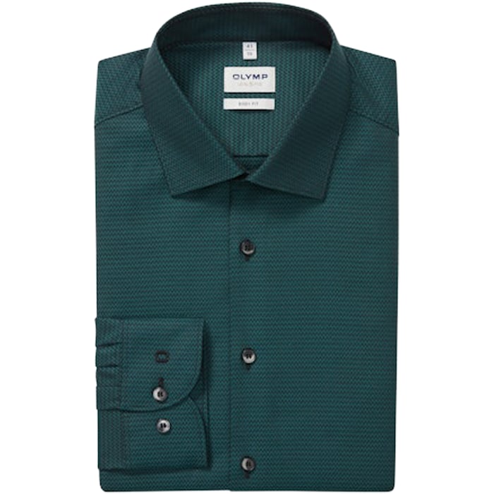 Kaufen Sie OLYMP Level Five Body Fit Langarmhemd | Dunkelgrün mit Feinstruktur | Semi Kent | Stretch-Baumwolle | Bügelleicht für nur 89,95 € bei Henk ter Horst fashion