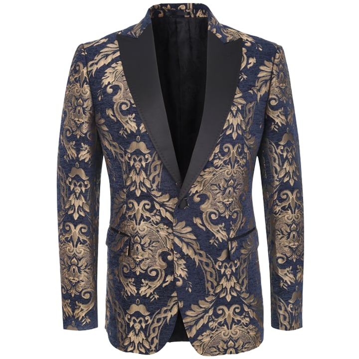 Kaufen Sie Slim Fit Sakko | Dunkelblauer Jacquard mit gold floralem Barockmuster | Schalrevers für nur 139,95 € bei Henk ter Horst fashion