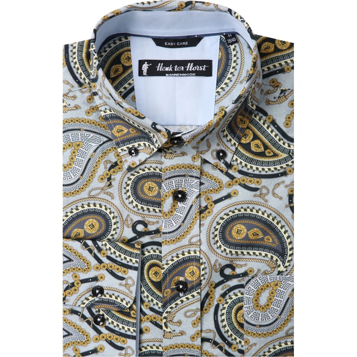 Henk ter Horst Casualhemd | Paisley Print Grau-Gold | Button-Down | Lange Ärmel