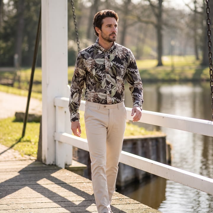 Kaufen Sie Henk ter Horst Casual Hemd | Tropischer Blumenprint | Button-Down | Dunkelbraun für nur 89,95 € bei Henk ter Horst fashion